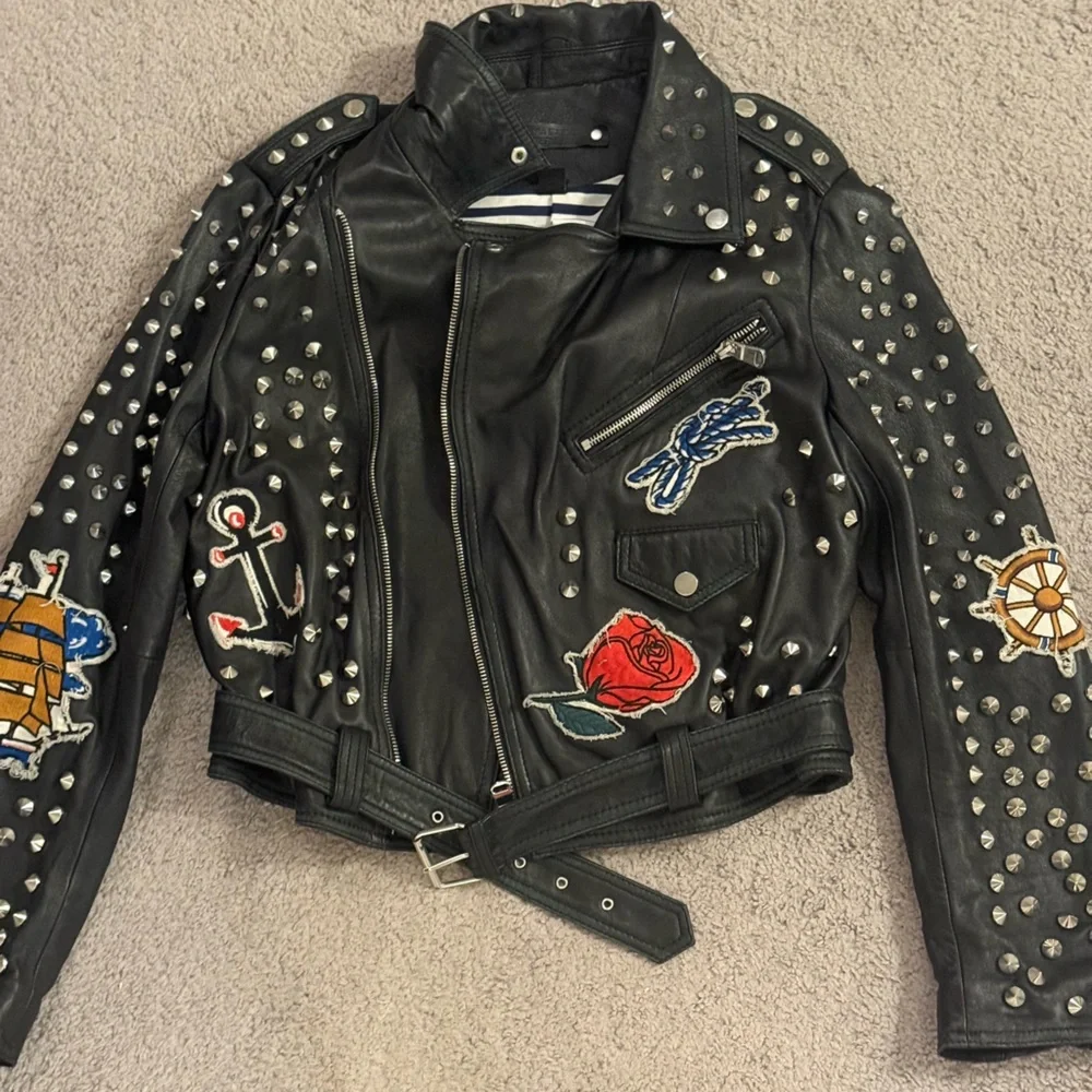 Zara Black and Red Leather Jacket with Studded Details - Picture 1 of 8